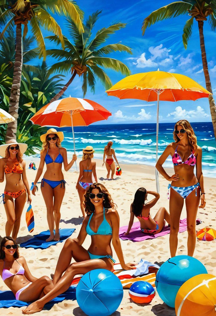 A lively beach scene featuring a diverse group of famous personalities in stylish bikinis, showcasing various swimwear trends under a bright summer sun. Include vivid beach umbrellas, palm trees, and playful beach accessories like surfboards and beach balls, capturing a fun and glamorous atmosphere. Add hints of tropical drinks and a vibrant ocean in the background. painting. vibrant colors. sunny atmosphere.
