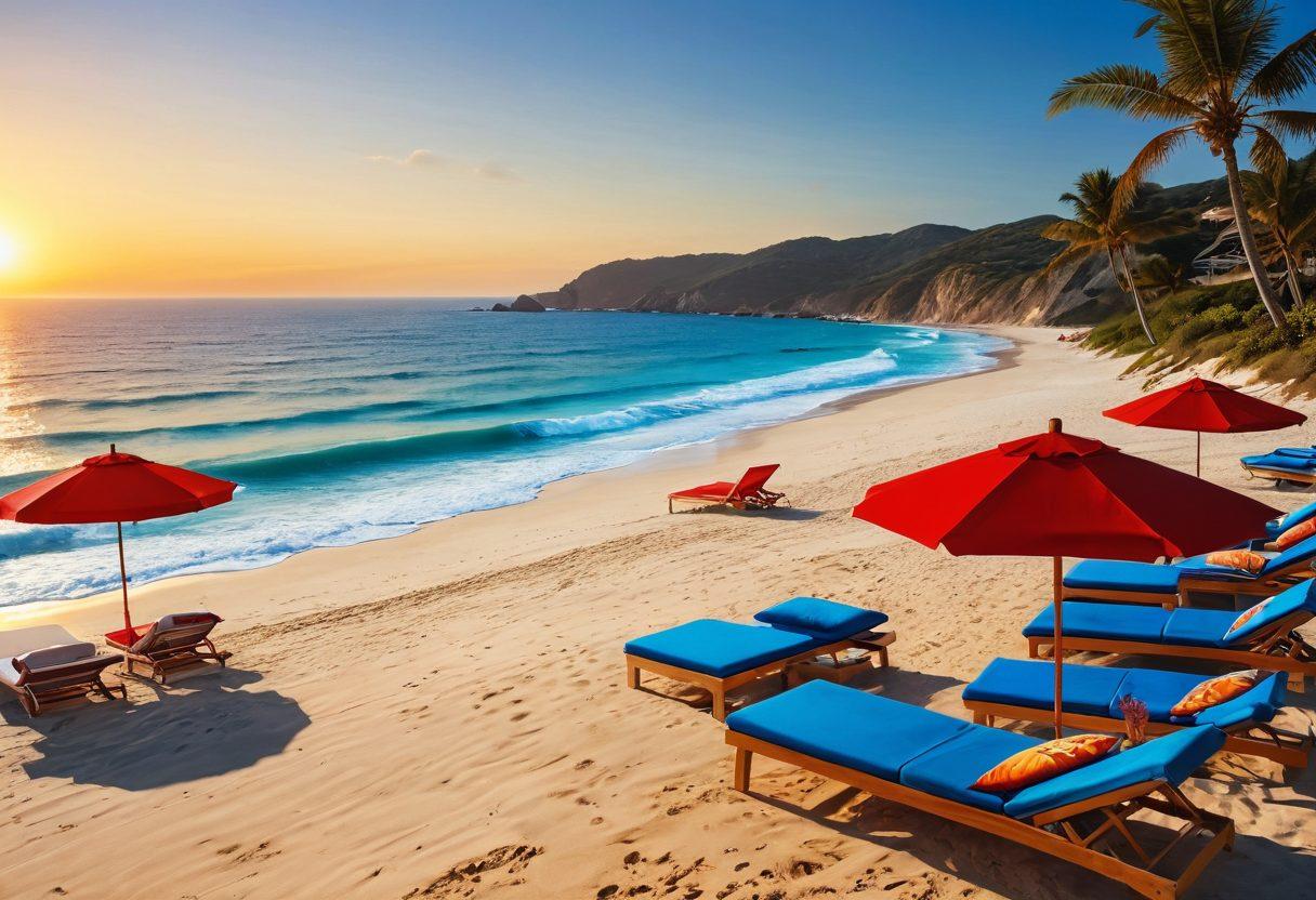 A glamorous beach scene featuring a diverse group of celebrities showcasing the latest summer wear trends, with a red carpet leading to golden sands. Include vibrant swimwear, stylish sun hats, and chic beach covers, as well as colorful beach umbrellas and lounge chairs. Capture an atmosphere of luxury and fun, with the sun setting in the background illuminating the scene. super-realistic. vibrant colors. bright blue ocean.